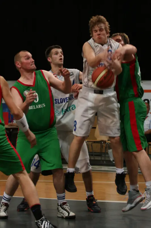 Basketball players of Belarus and Slovenia in struggle for a ball